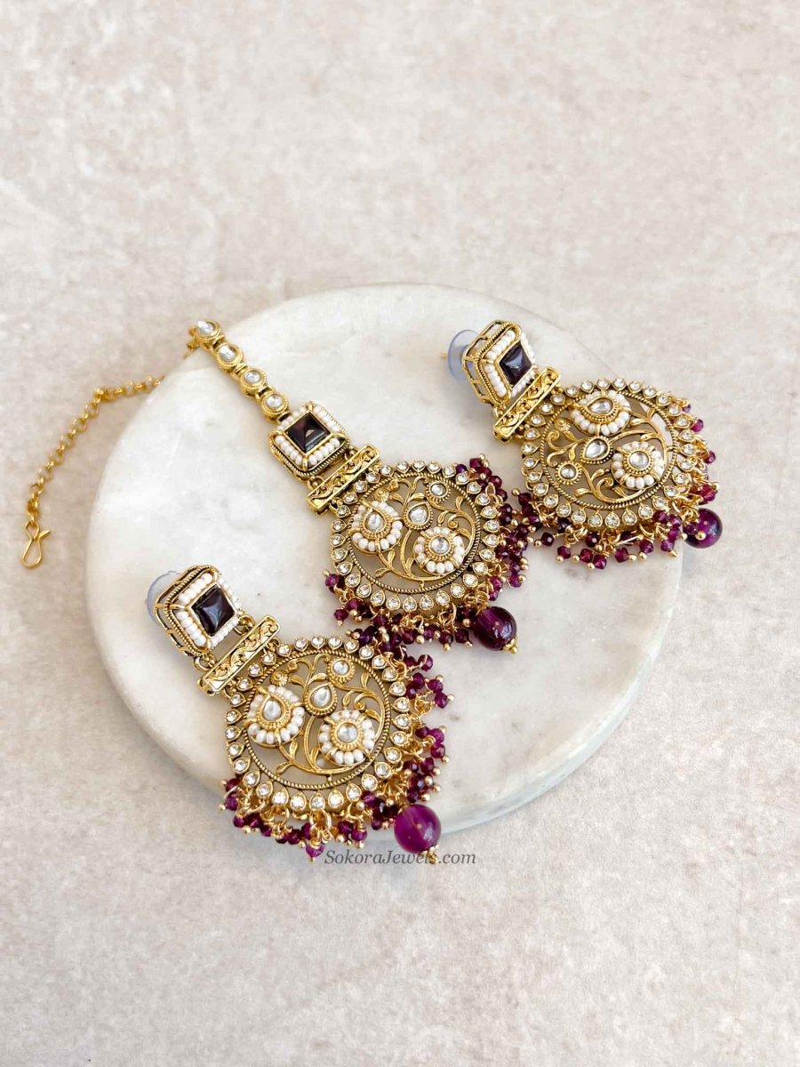 Purple Earring & Tikka set - SOKORA JEWELSPurple Earring & Tikka set