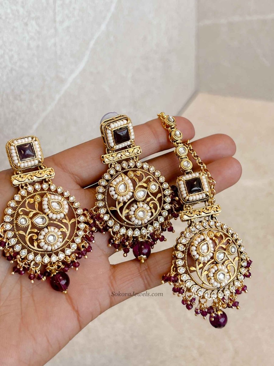 Purple Earring & Tikka set - SOKORA JEWELSPurple Earring & Tikka set
