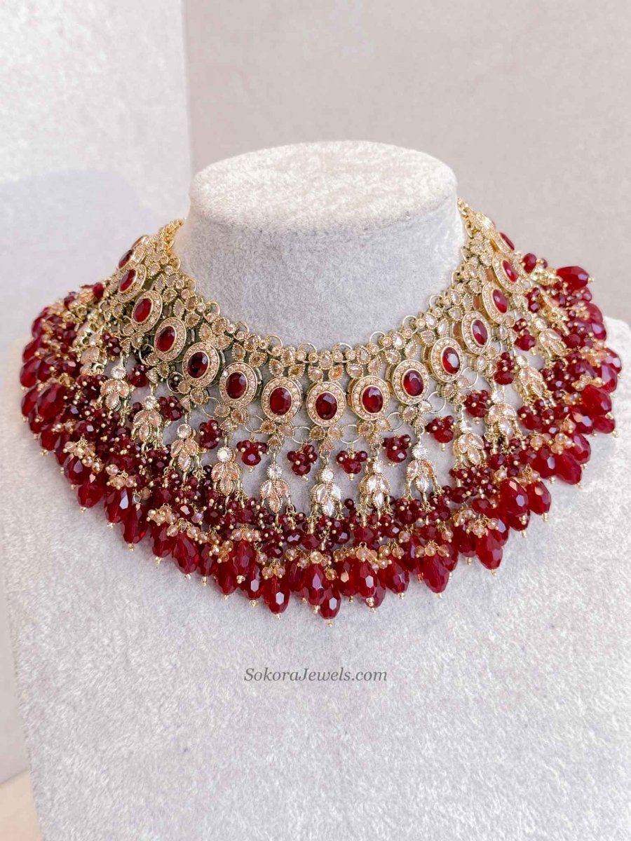 Qainat Bridal Jewellery Set - Maroon - SOKORA JEWELSQainat Bridal Jewellery Set - Marooncustom