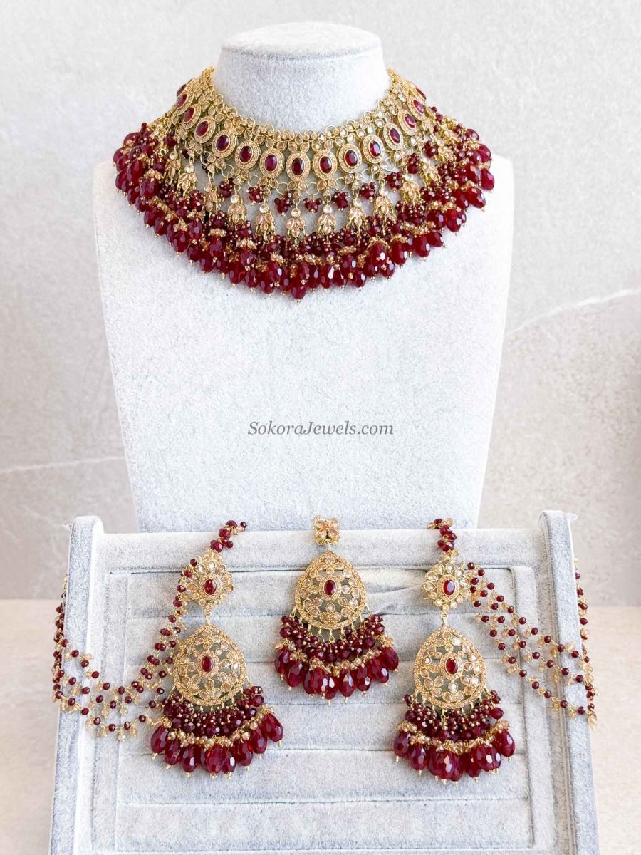 Qainat Bridal Jewellery Set - Maroon - SOKORA JEWELSQainat Bridal Jewellery Set - Marooncustom