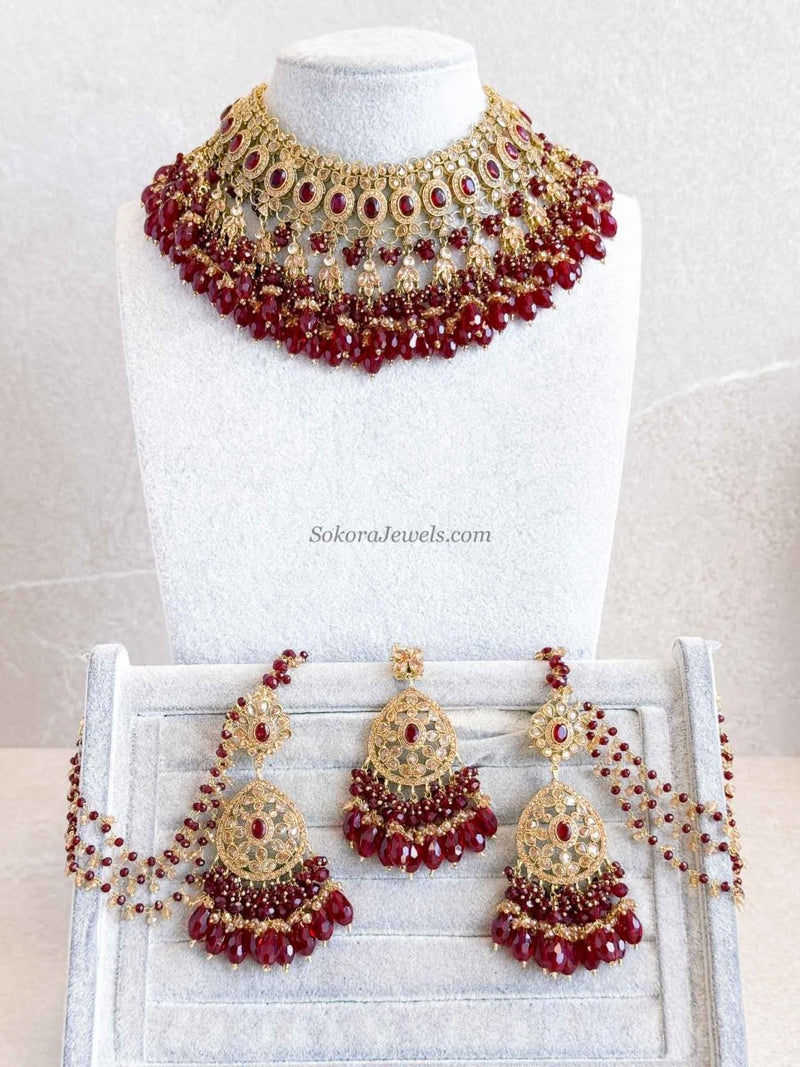 Qainat Bridal Jewellery Set - Maroon - SOKORA JEWELSQainat Bridal Jewellery Set - Marooncustom