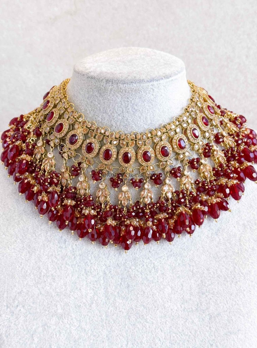 Qainat Bridal Jewellery Set - Maroon - SOKORA JEWELSQainat Bridal Jewellery Set - Marooncustom