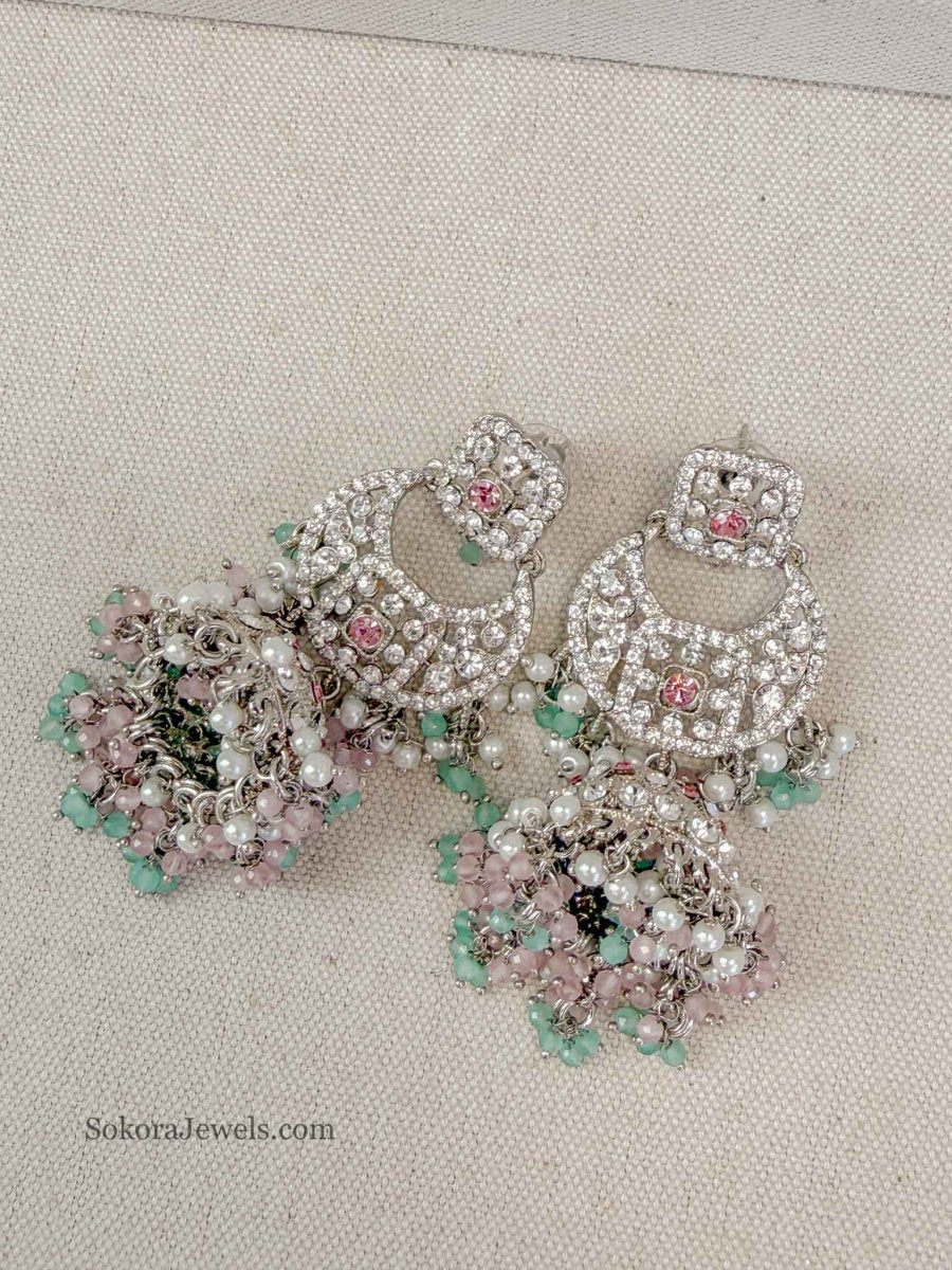 Qudsia Silver Jhumka Earrings - Pastels - SOKORA JEWELSQudsia Silver Jhumka Earrings - Pastels