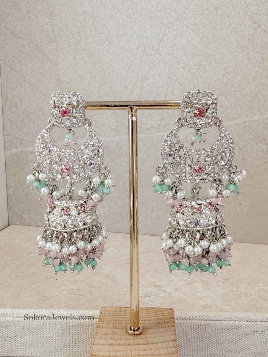 Qudsia Silver Jhumka Earrings - Pastels - SOKORA JEWELSQudsia Silver Jhumka Earrings - Pastels