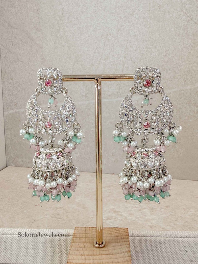 Qudsia Silver Jhumka Earrings - Pastels - SOKORA JEWELSQudsia Silver Jhumka Earrings - Pastels