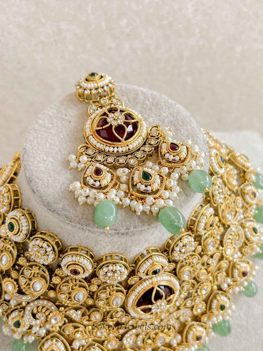 Radhika Bridal Kundan Jewellery Set – Maroon & Green - SOKORA JEWELSRadhika Bridal Kundan Jewellery Set – Maroon & Green