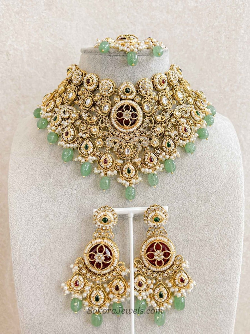 Radhika Bridal Kundan Jewellery Set – Maroon & Green - SOKORA JEWELSRadhika Bridal Kundan Jewellery Set – Maroon & Green
