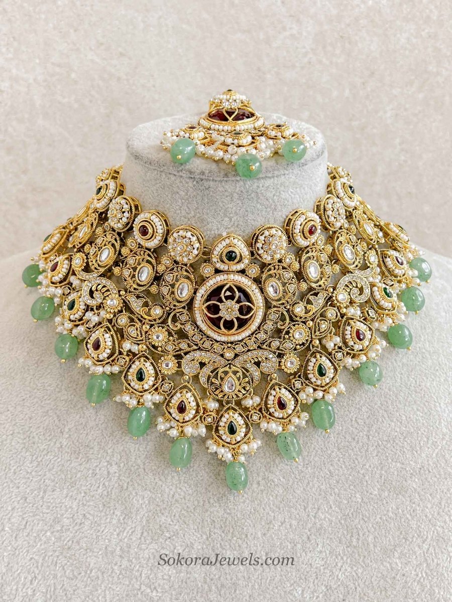 Radhika Bridal Kundan Jewellery Set – Maroon & Green - SOKORA JEWELSRadhika Bridal Kundan Jewellery Set – Maroon & Green
