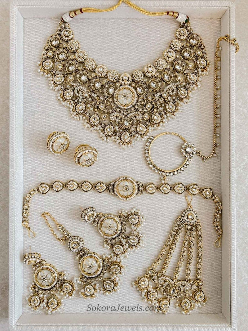 Radhika Full Bridal Kundan Jewellery Set – Pearl - SOKORA JEWELSRadhika Full Bridal Kundan Jewellery Set – Pearl
