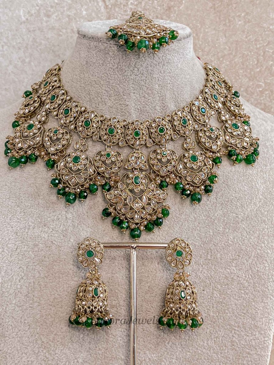 Rajal Bridal Necklace and Earrings Set - Green - SOKORA JEWELSRajal Bridal Necklace and Earrings Set - Green