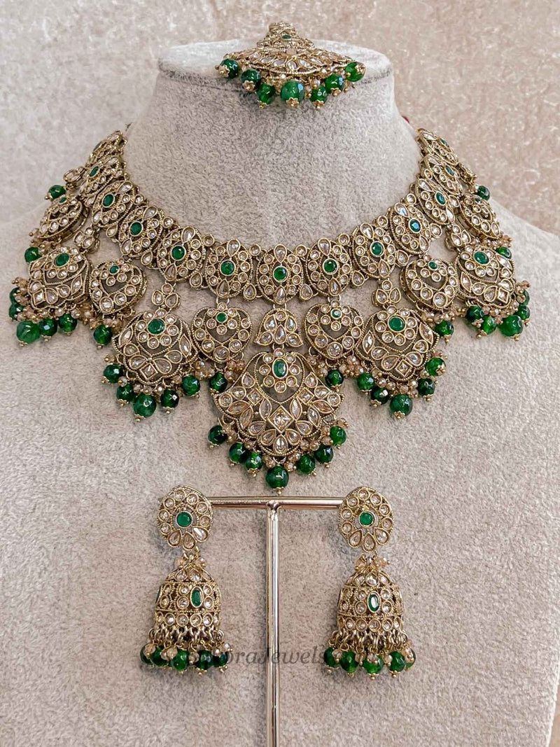 Rajal Bridal Necklace and Earrings Set - Green - SOKORA JEWELSRajal Bridal Necklace and Earrings Set - Green