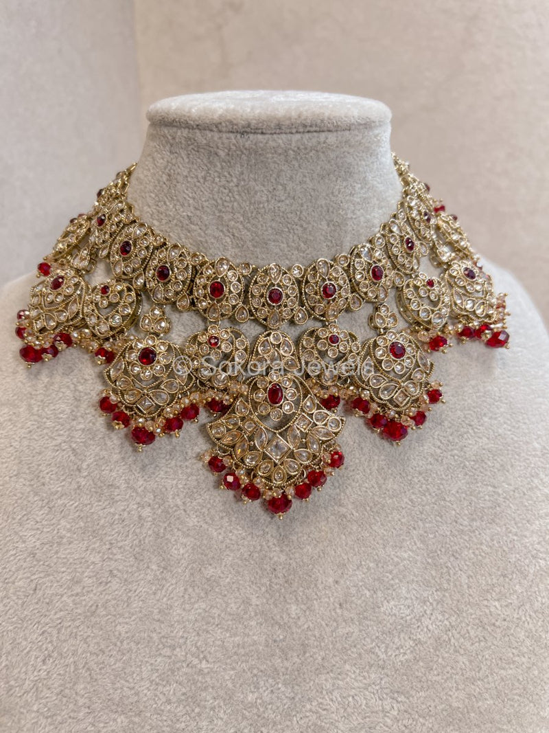 Rajal Bridal Necklace Set - Red - SOKORA JEWELSRajal Bridal Necklace Set - Red