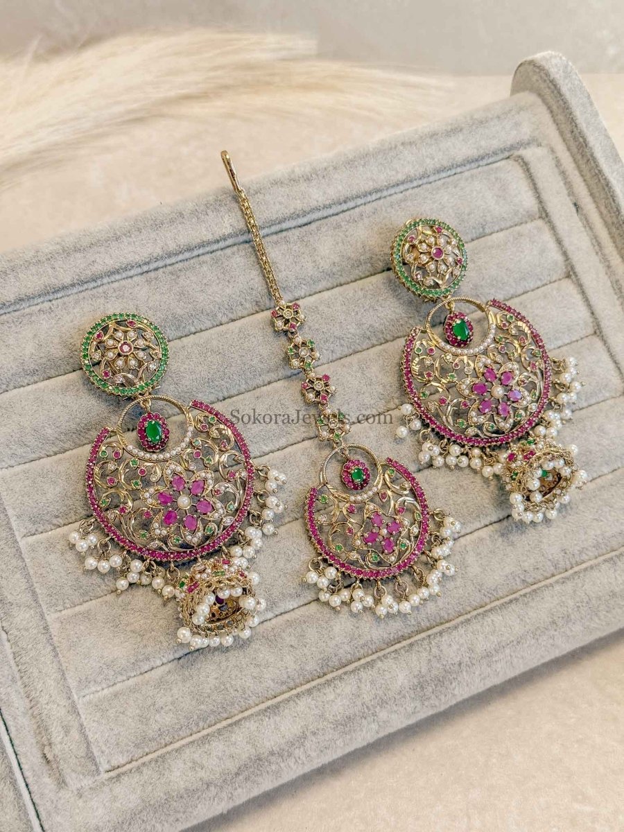 Raniya Regal Mughal - Style Earring &amp; Tikka Set - SOKORA JEWELSRaniya Regal Mughal - Style Earring &amp; Tikka Set