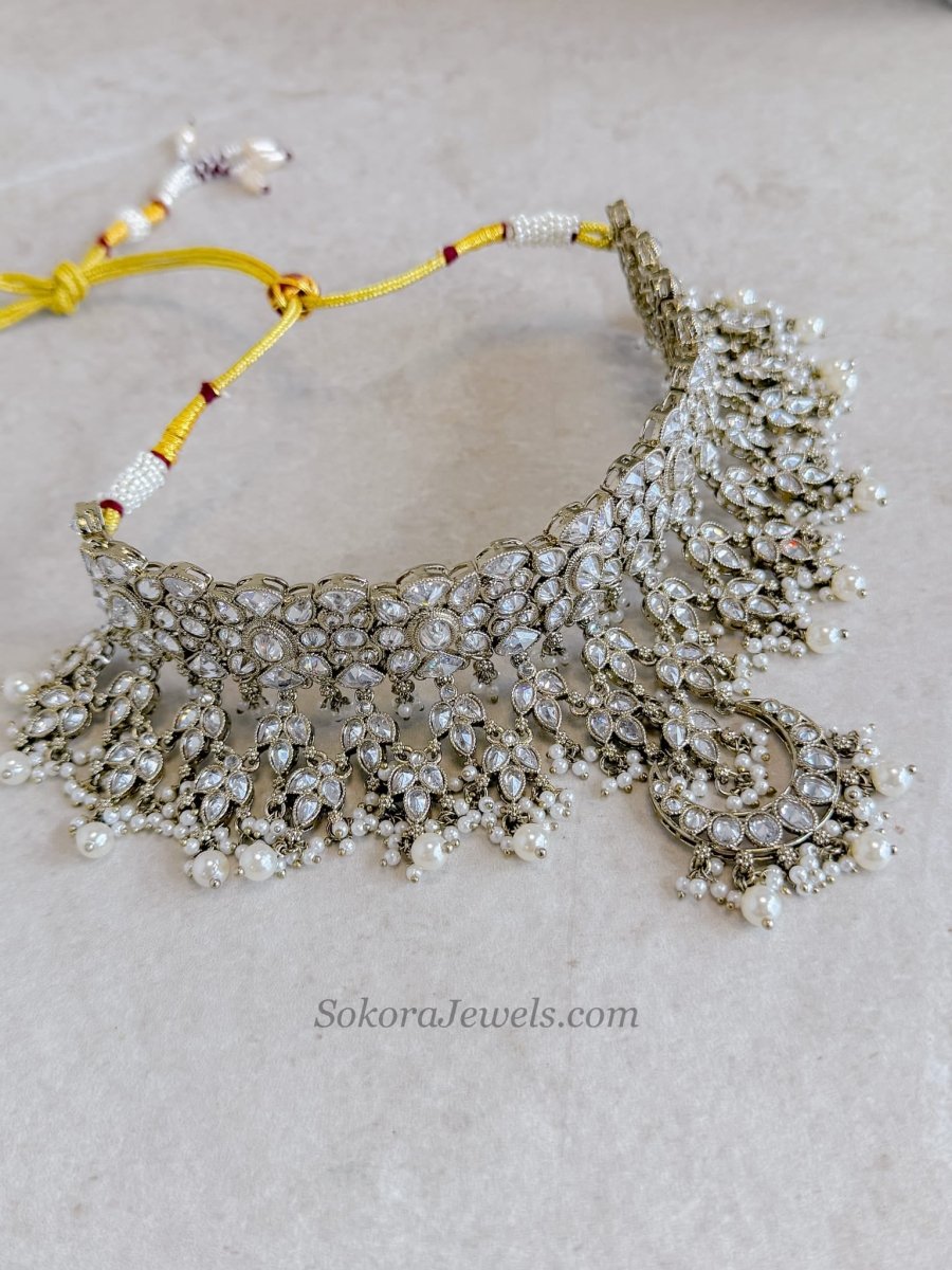Rebekah Indian Bridal Choker Set - Clear Crystal - SOKORA JEWELSRebekah Indian Bridal Choker Set - Clear Crystal