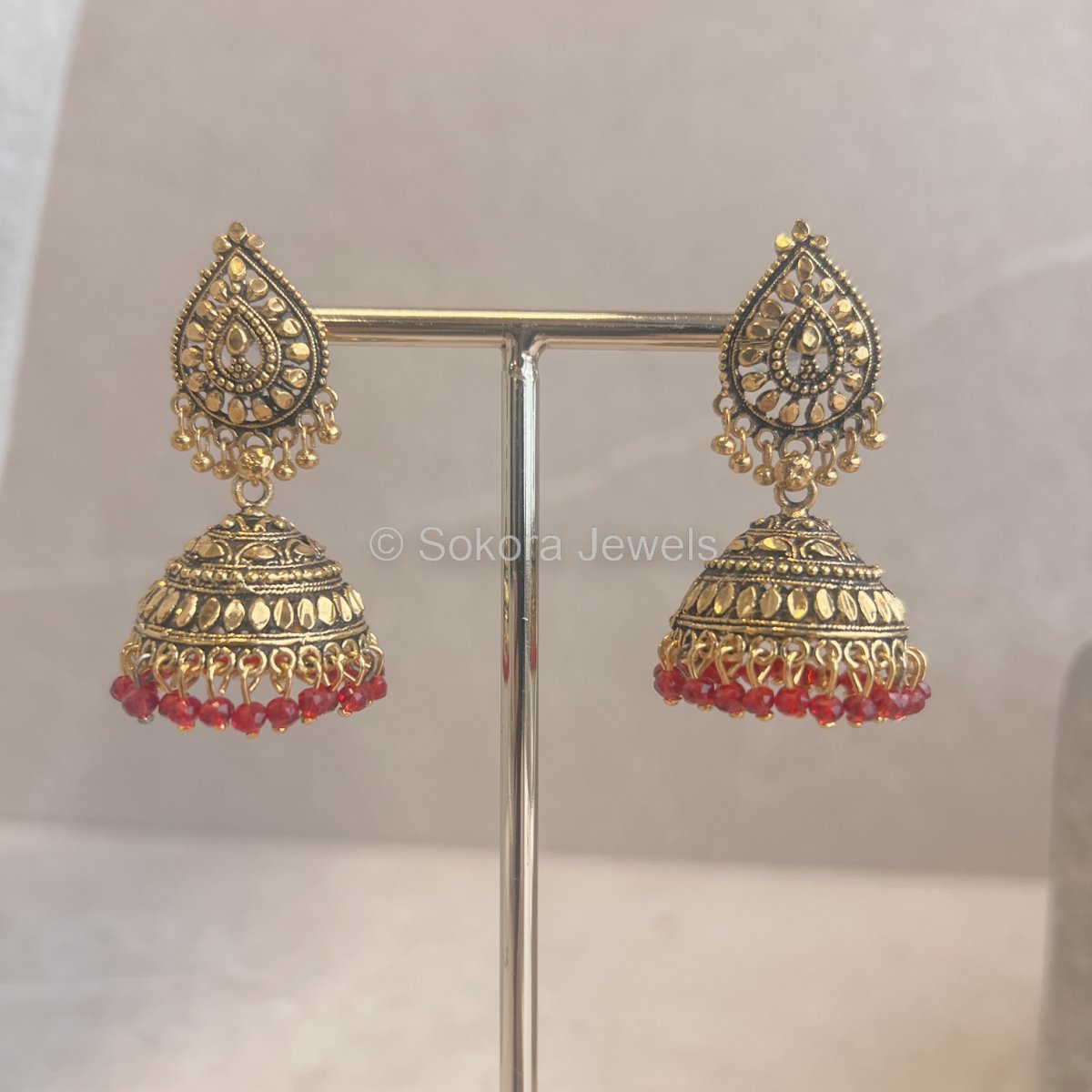 Red Drop Jhumka - SOKORA JEWELSRed Drop Jhumka