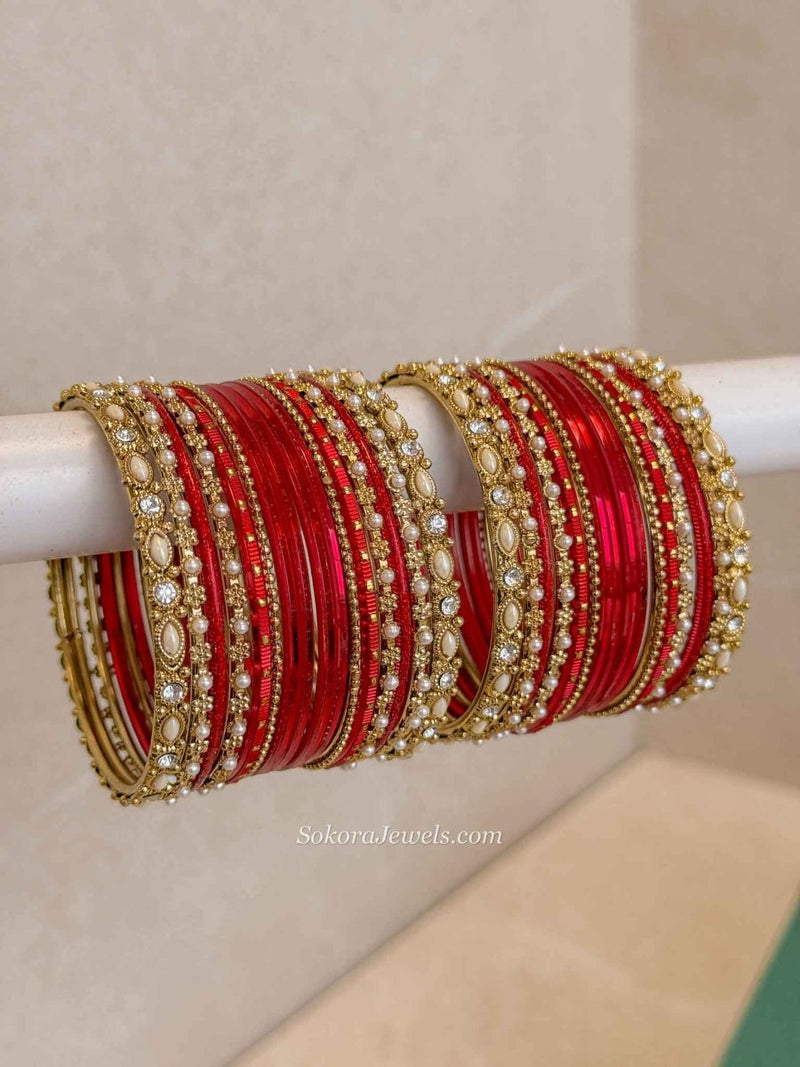 Red & Gold Bangle Set – Crystal Stack - SOKORA JEWELSRed & Gold Bangle Set – Crystal StackBANGLES
