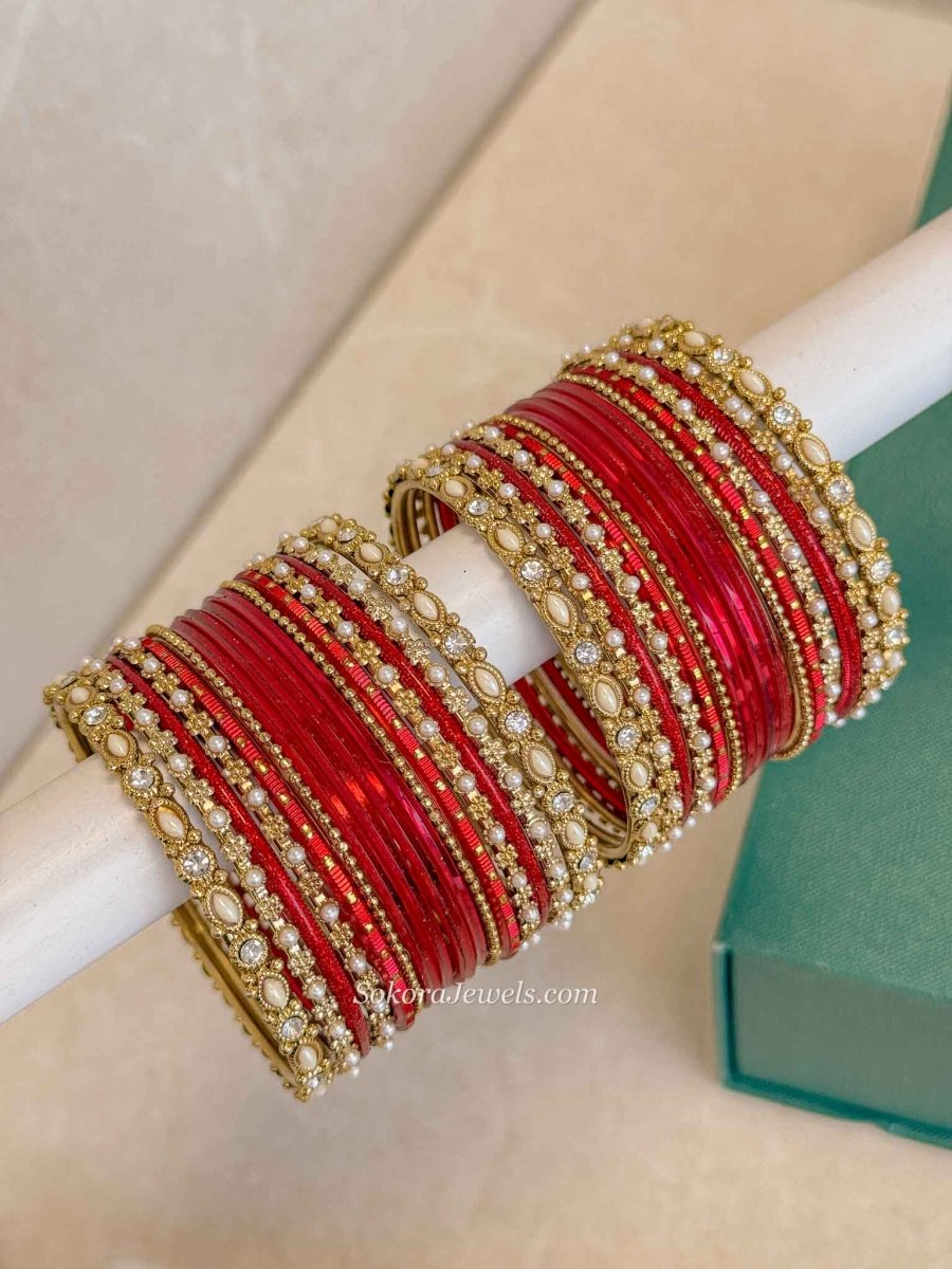 Red & Gold Bangle Set – Crystal Stack - SOKORA JEWELSRed & Gold Bangle Set – Crystal StackBANGLES