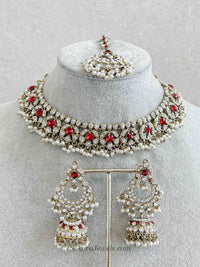 Red Stone Necklace, Tikka & Earring Set - SOKORA JEWELSRed Stone Necklace, Tikka & Earring Set