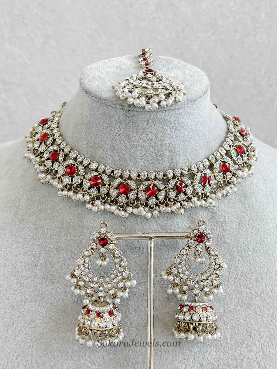 Red Stone Necklace, Tikka & Earring Set - SOKORA JEWELSRed Stone Necklace, Tikka & Earring Set