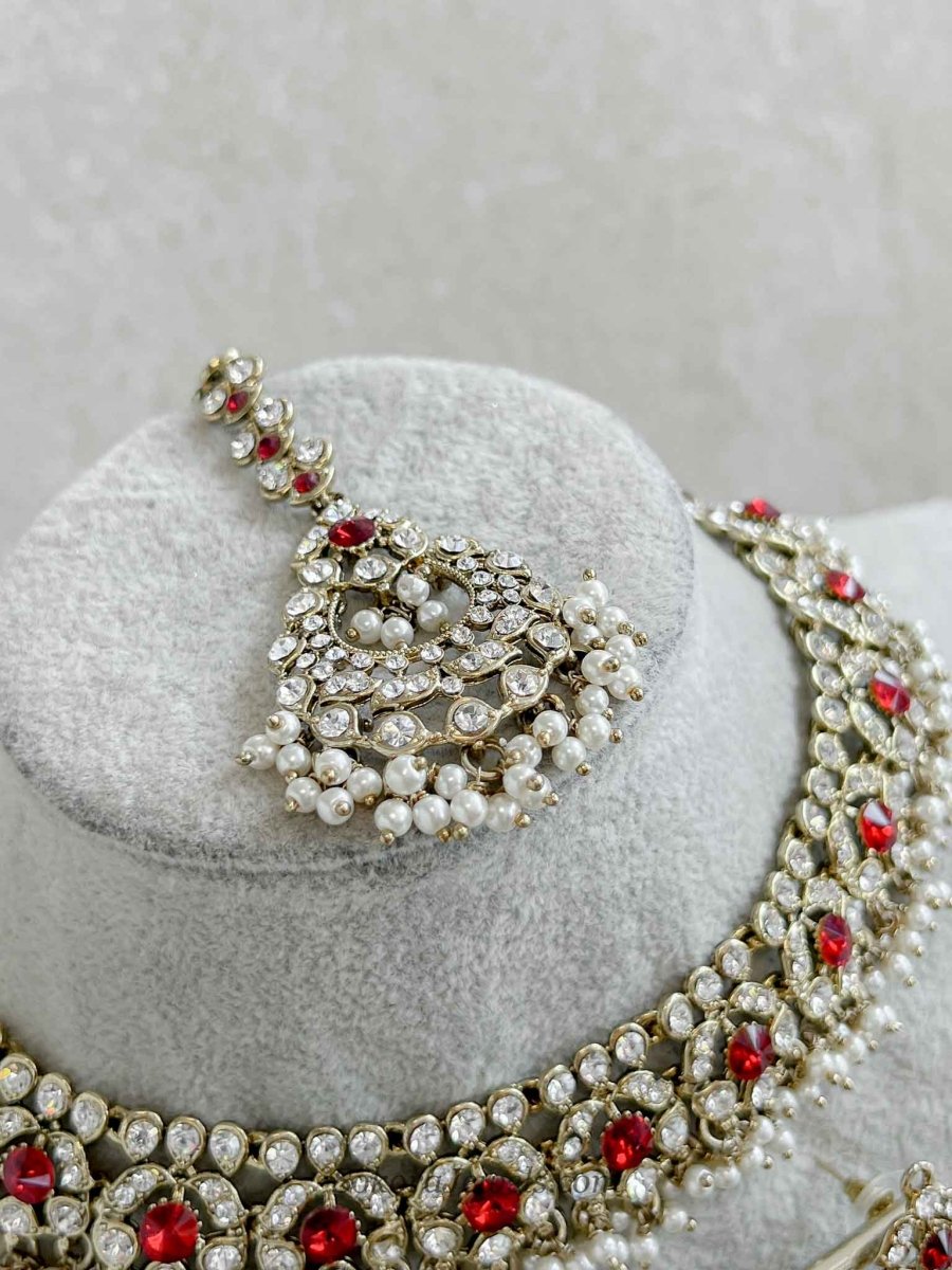 Red Stone Necklace, Tikka & Earring Set - SOKORA JEWELSRed Stone Necklace, Tikka & Earring Set