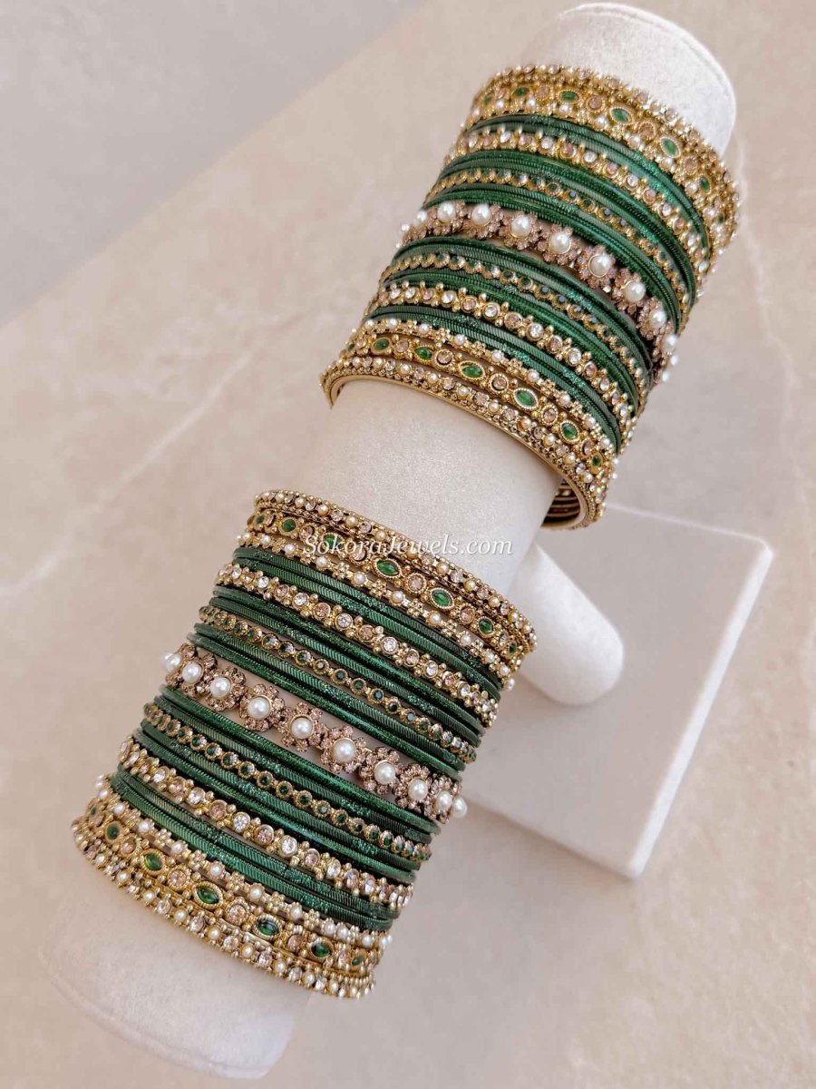 Regal Green and Golden Bangles Stack - SOKORA JEWELSRegal Green and Golden Bangles StackBANGLES
