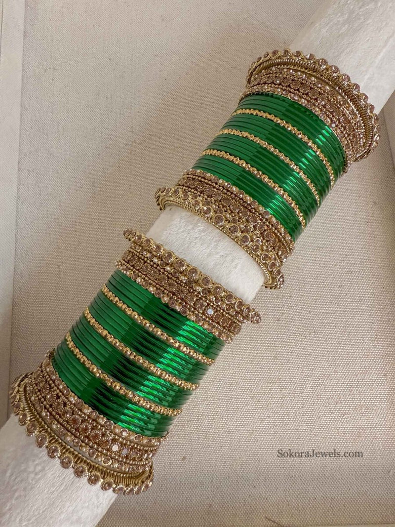 Regal Green and Golden Bangles Stack - SOKORA JEWELSRegal Green and Golden Bangles StackBANGLES