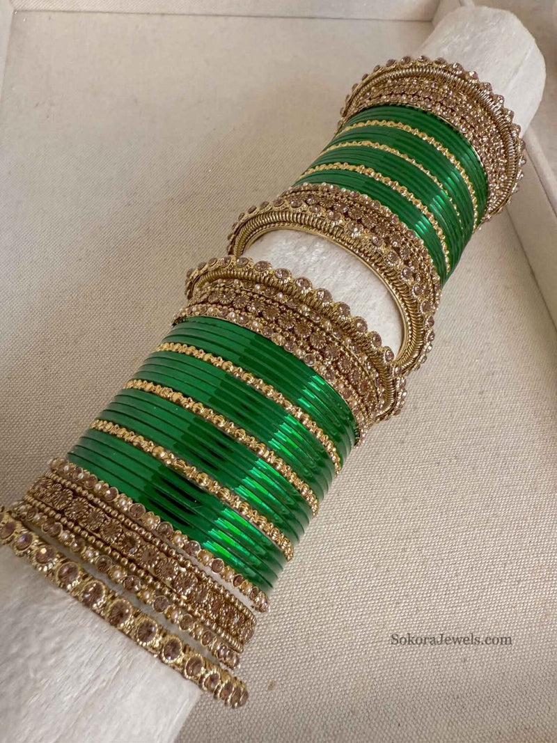 Regal Green and Golden Bangles Stack - SOKORA JEWELSRegal Green and Golden Bangles StackBANGLES