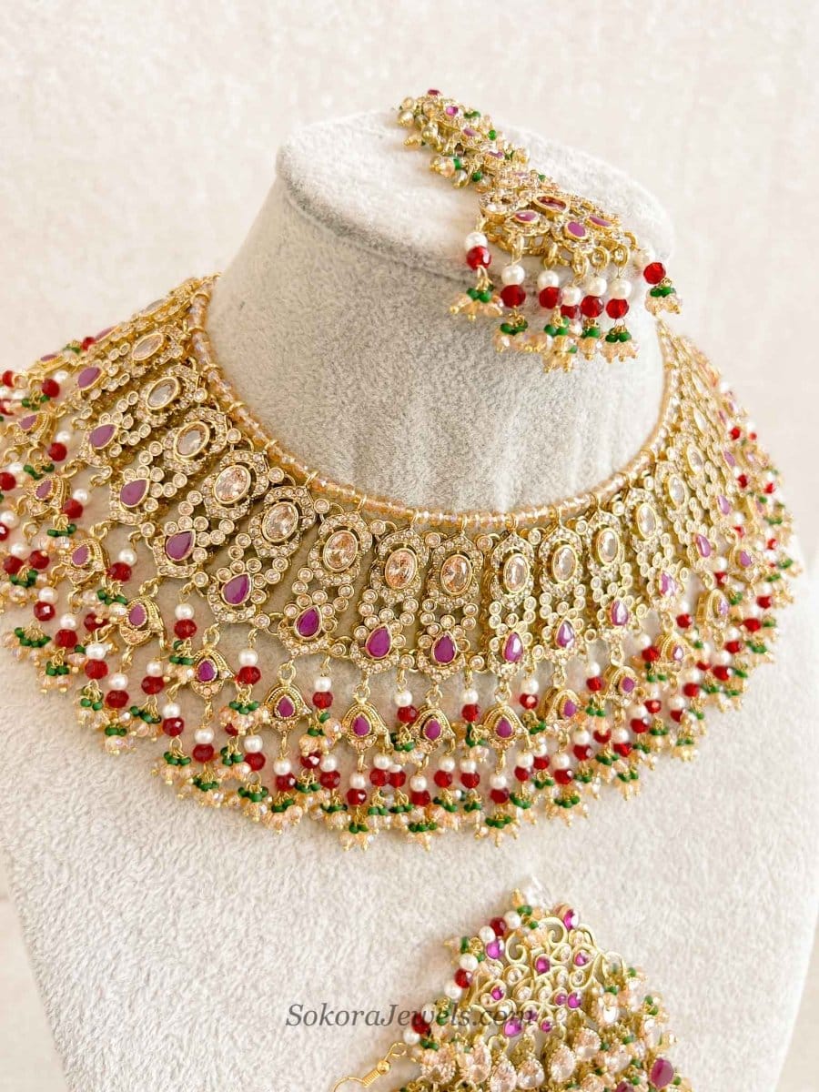 Rehana Gold Plated Bridal Set - Ruby&Green - SOKORA JEWELSRehana Gold Plated Bridal Set - Ruby&Greencustom