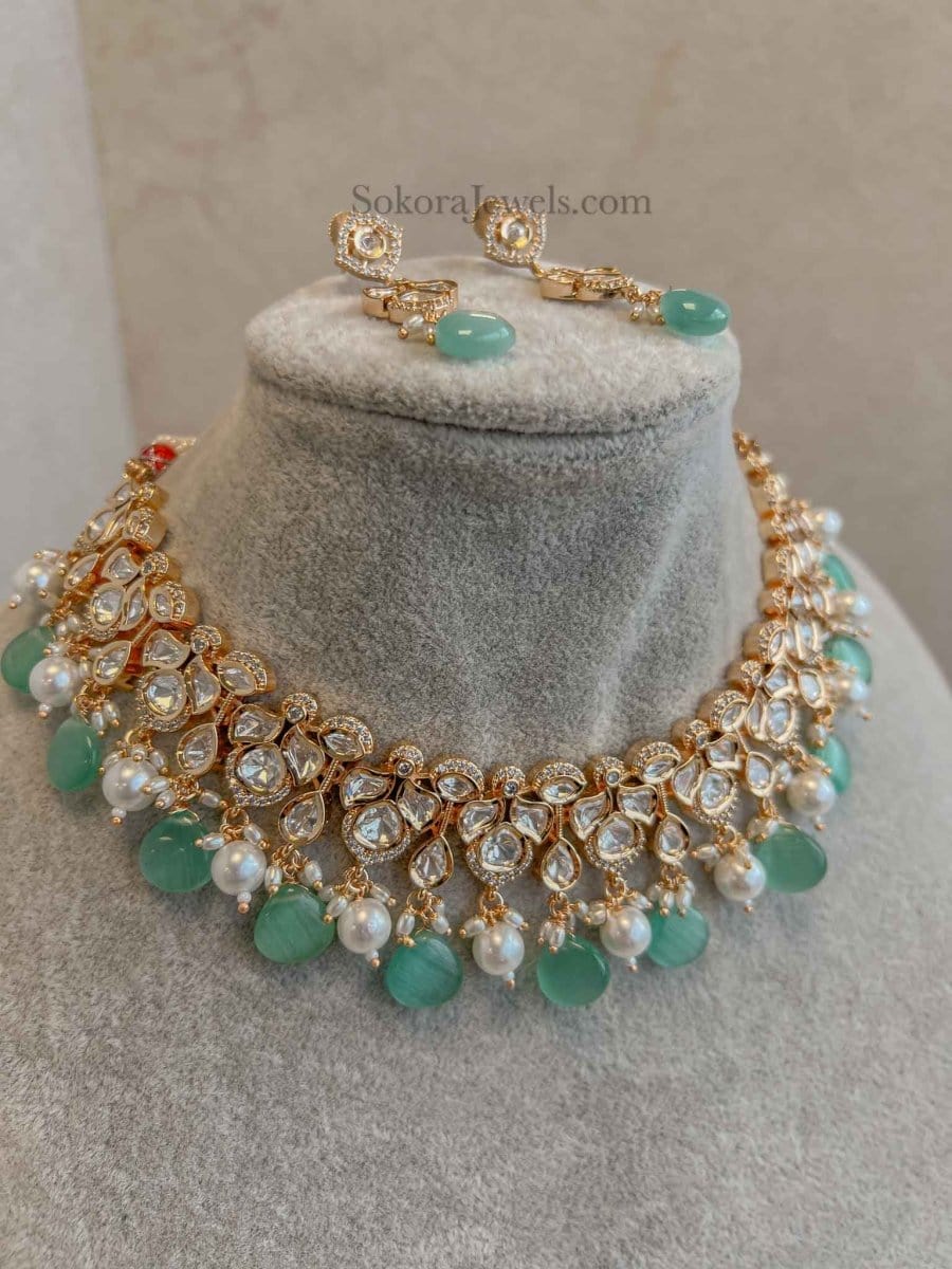 Rekha Gold Plated Kundan Set - Mint - SOKORA JEWELSRekha Gold Plated Kundan Set - MintNECKLACE SETS
