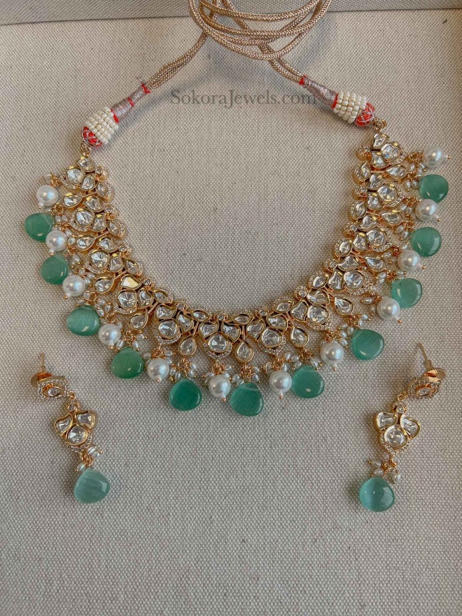 Rekha Gold Plated Kundan Set - Mint - SOKORA JEWELSRekha Gold Plated Kundan Set - MintNECKLACE SETS