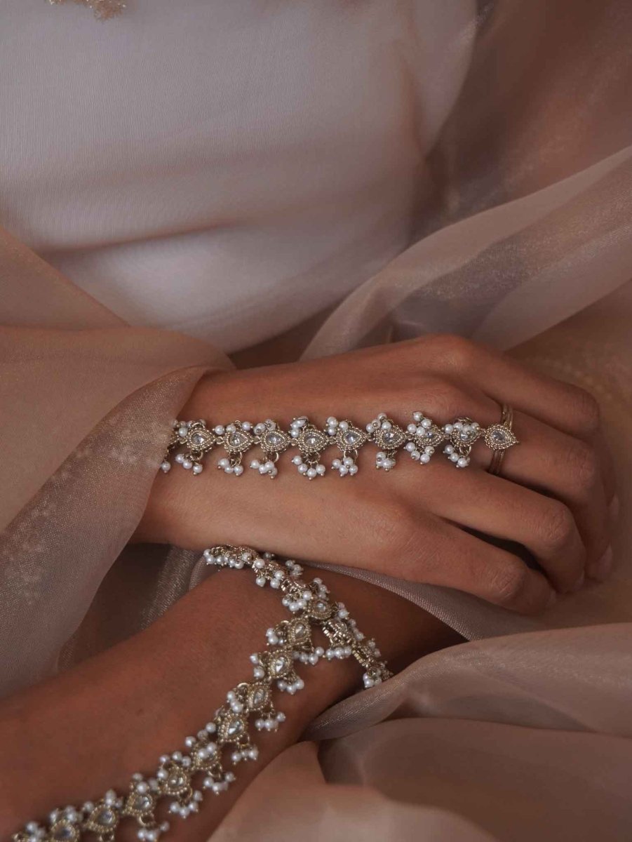 Rekha Pearl Drop Hand Harness- Clear - SOKORA JEWELSRekha Pearl Drop Hand Harness- Clear
