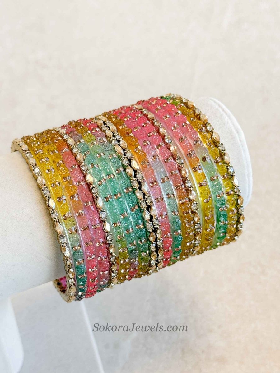 Rose Design Glass Bangles Set - SOKORA JEWELSRose Design Glass Bangles SetBANGLES