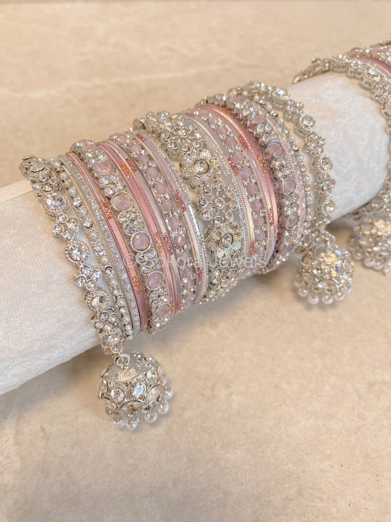 Roshni Luxury Bangle Set - Silver & Pink - SOKORA JEWELSRoshni Luxury Bangle Set - Silver & PinkBANGLES