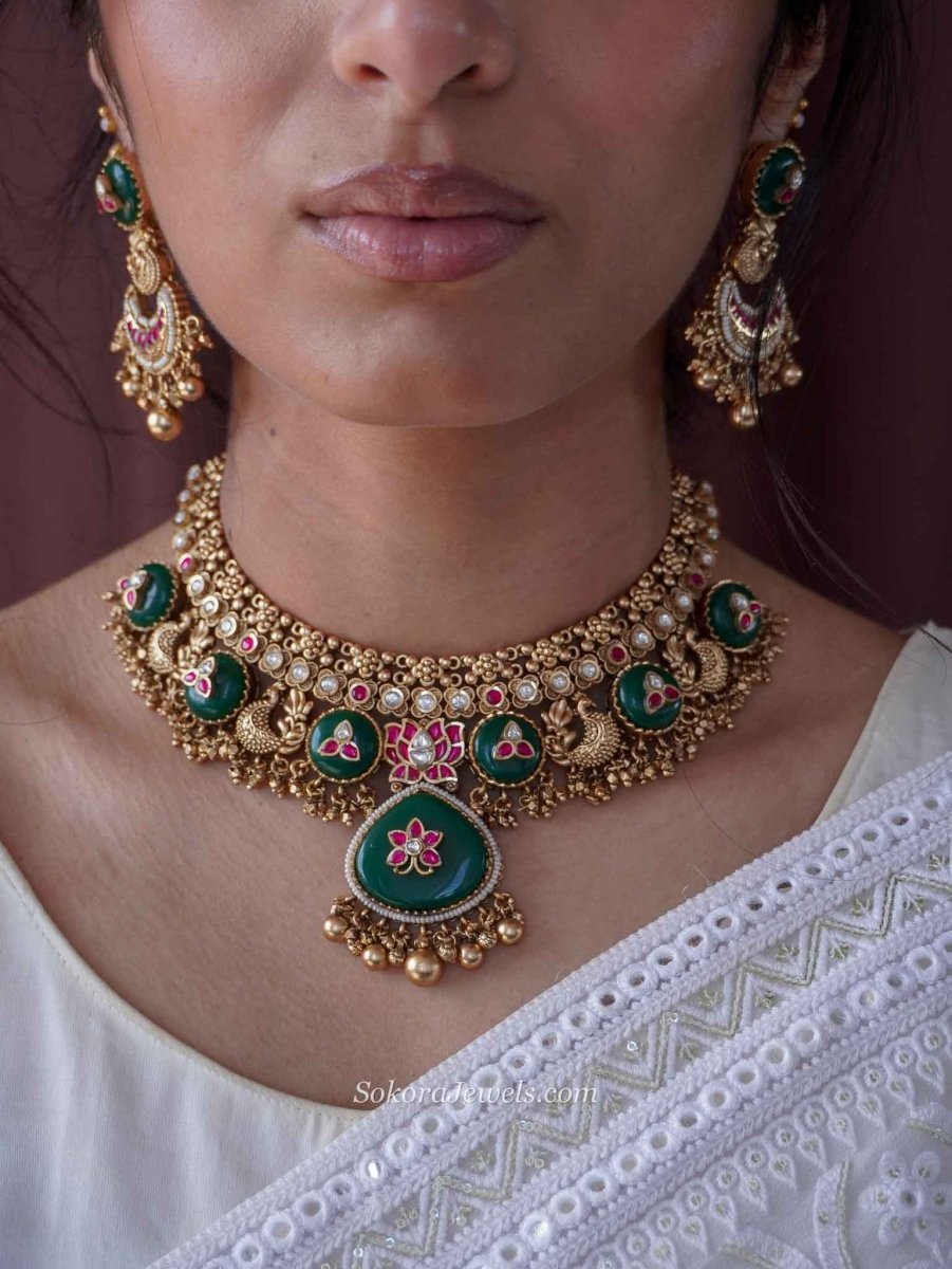Royal Emerald Bird Heritage Choker Set – Kundan & Ruby - SOKORA JEWELSRoyal Emerald Bird Heritage Choker Set – Kundan & Ruby
