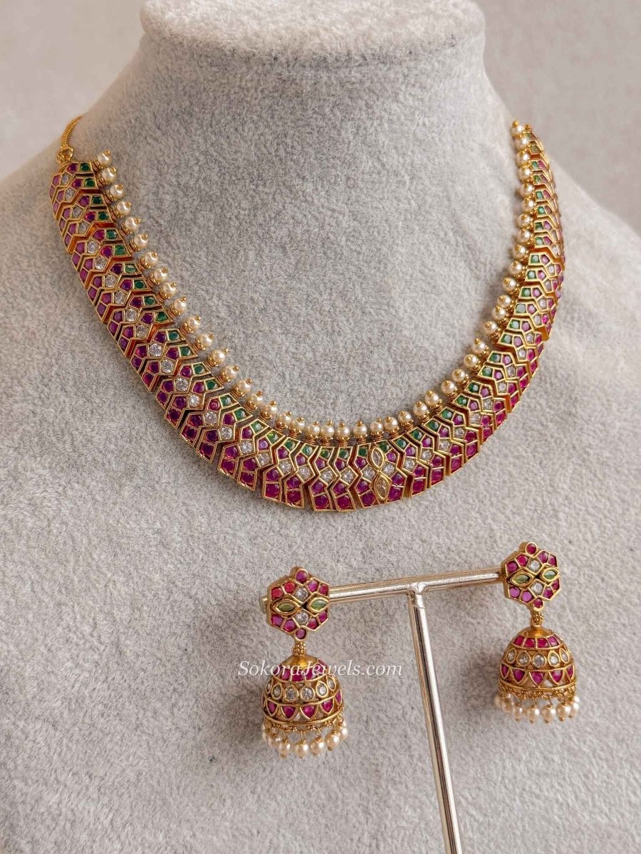 Ruby & Emerald Kundan Choker Necklace Set with Jhumkas - SOKORA JEWELSRuby & Emerald Kundan Choker Necklace Set with Jhumkas