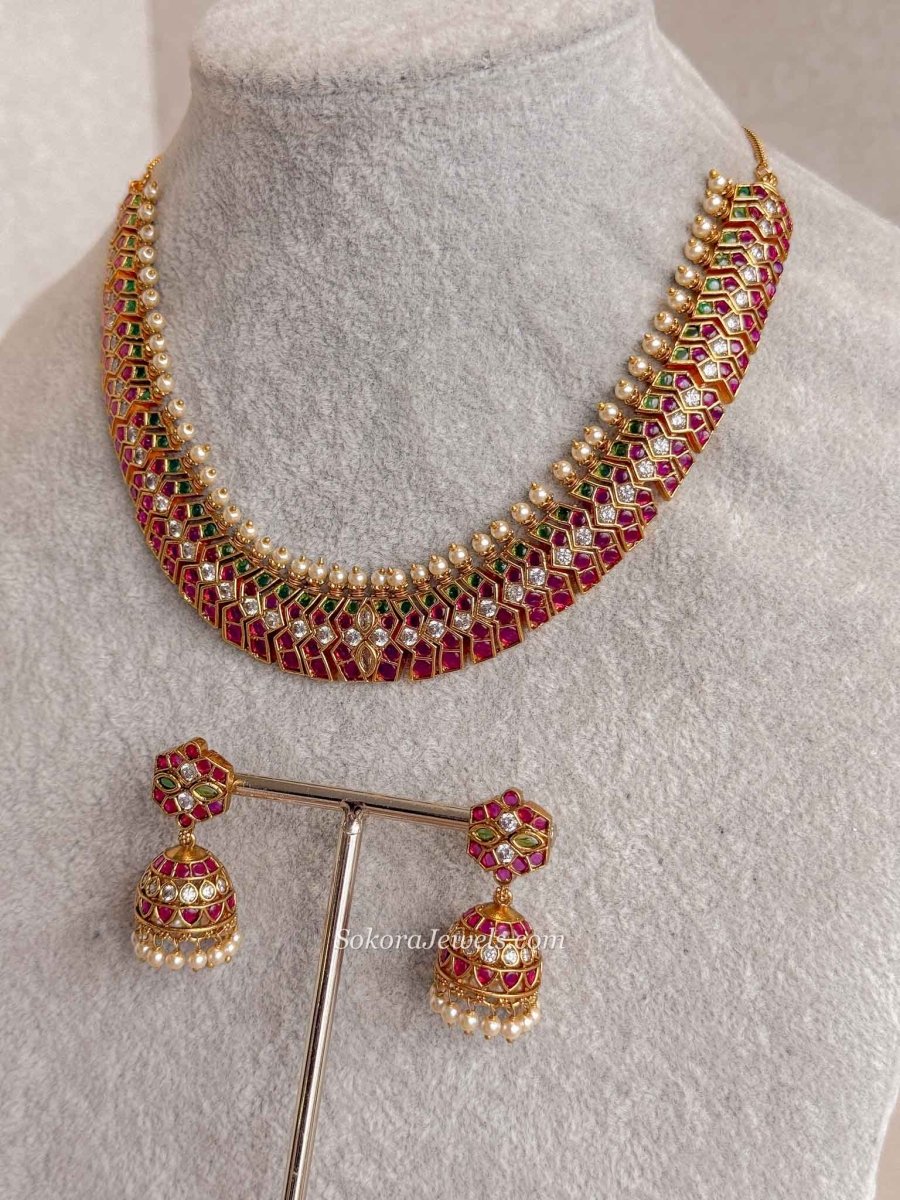 Ruby & Emerald Kundan Choker Necklace Set with Jhumkas - SOKORA JEWELSRuby & Emerald Kundan Choker Necklace Set with Jhumkas
