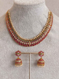 Ruby & Emerald Kundan Choker Necklace Set with Jhumkas - SOKORA JEWELSRuby & Emerald Kundan Choker Necklace Set with Jhumkas