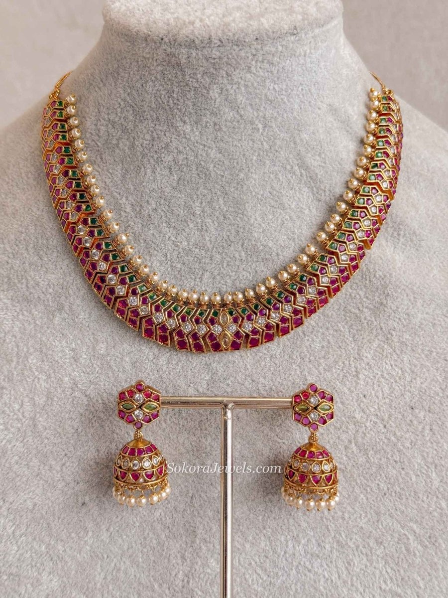 Ruby & Emerald Kundan Choker Necklace Set with Jhumkas - SOKORA JEWELSRuby & Emerald Kundan Choker Necklace Set with Jhumkas
