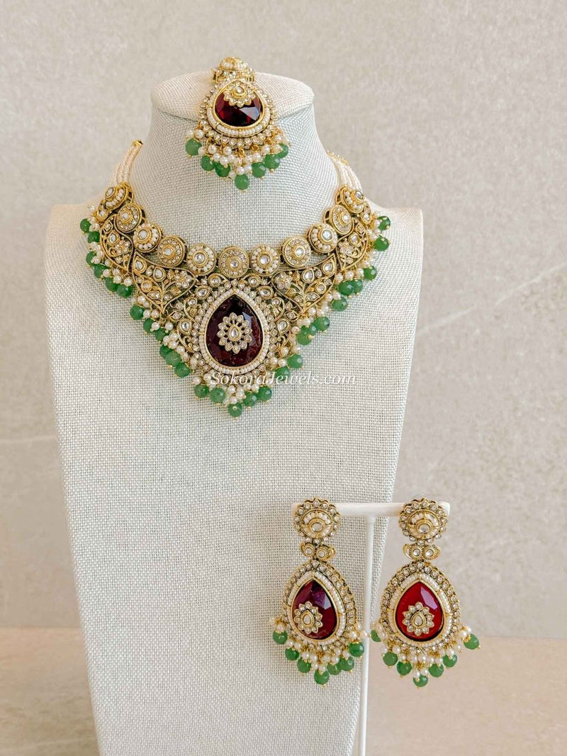 Ruby & Green Faux Kundan Choker Set - SOKORA JEWELSRuby & Green Faux Kundan Choker Set