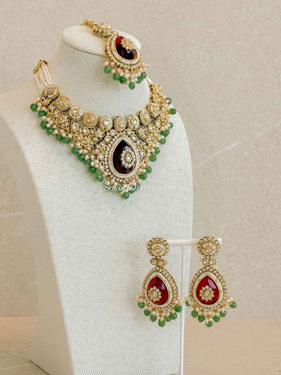Ruby & Green Faux Kundan Choker Set - SOKORA JEWELSRuby & Green Faux Kundan Choker Set