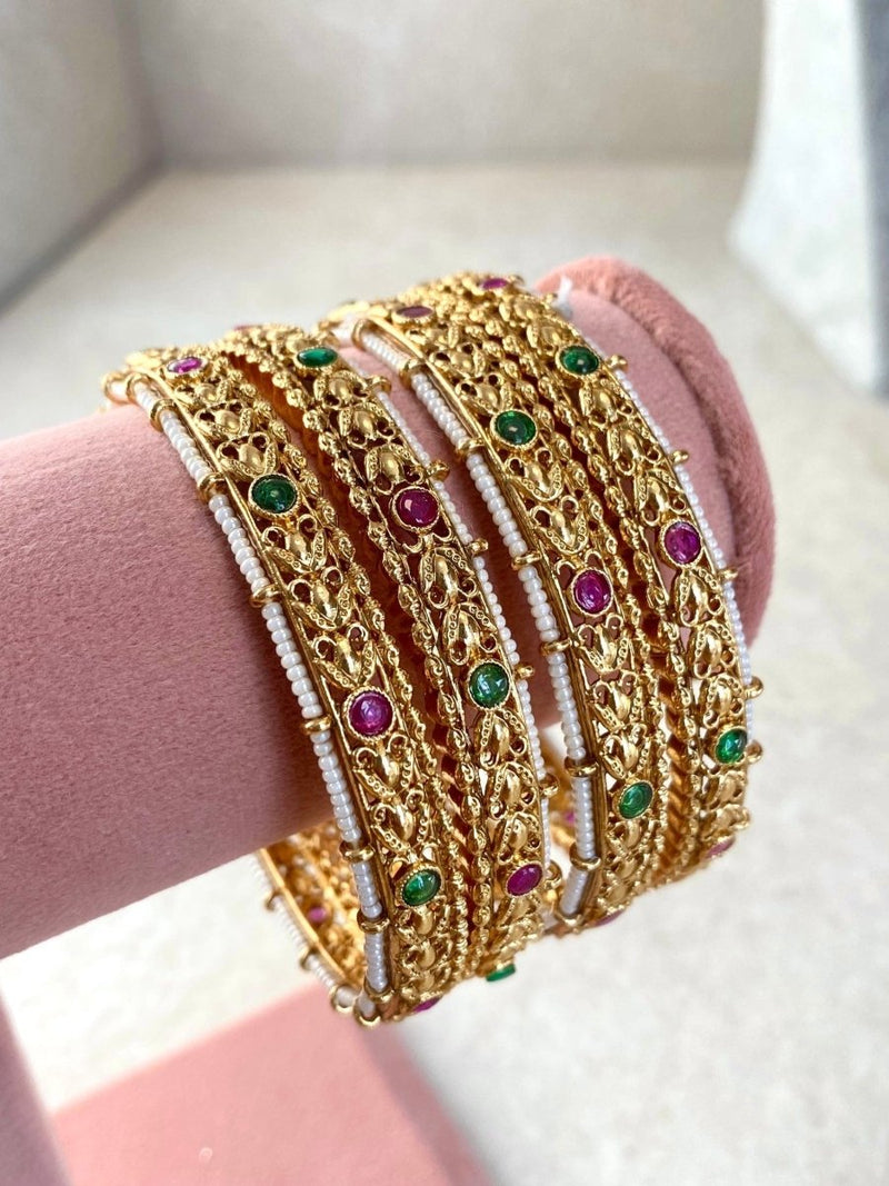 Ruby & Green Gem Detail Bangles - Set of 4 - SOKORA JEWELSRuby & Green Gem Detail Bangles - Set of 4BANGLES