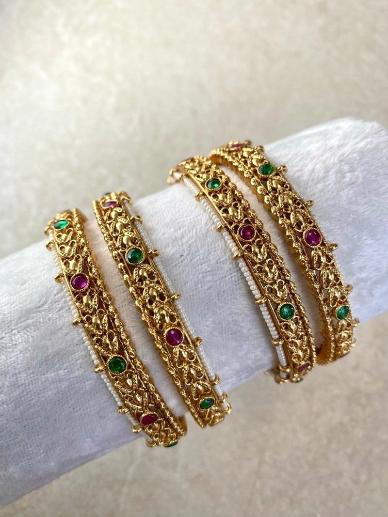 Ruby & Green Gem Detail Bangles - Set of 4 - SOKORA JEWELSRuby & Green Gem Detail Bangles - Set of 4BANGLES