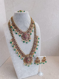 Ruby & Green Guttapusalu Bridal Set with Green Beads - SOKORA JEWELSRuby & Green Guttapusalu Bridal Set with Green Beads