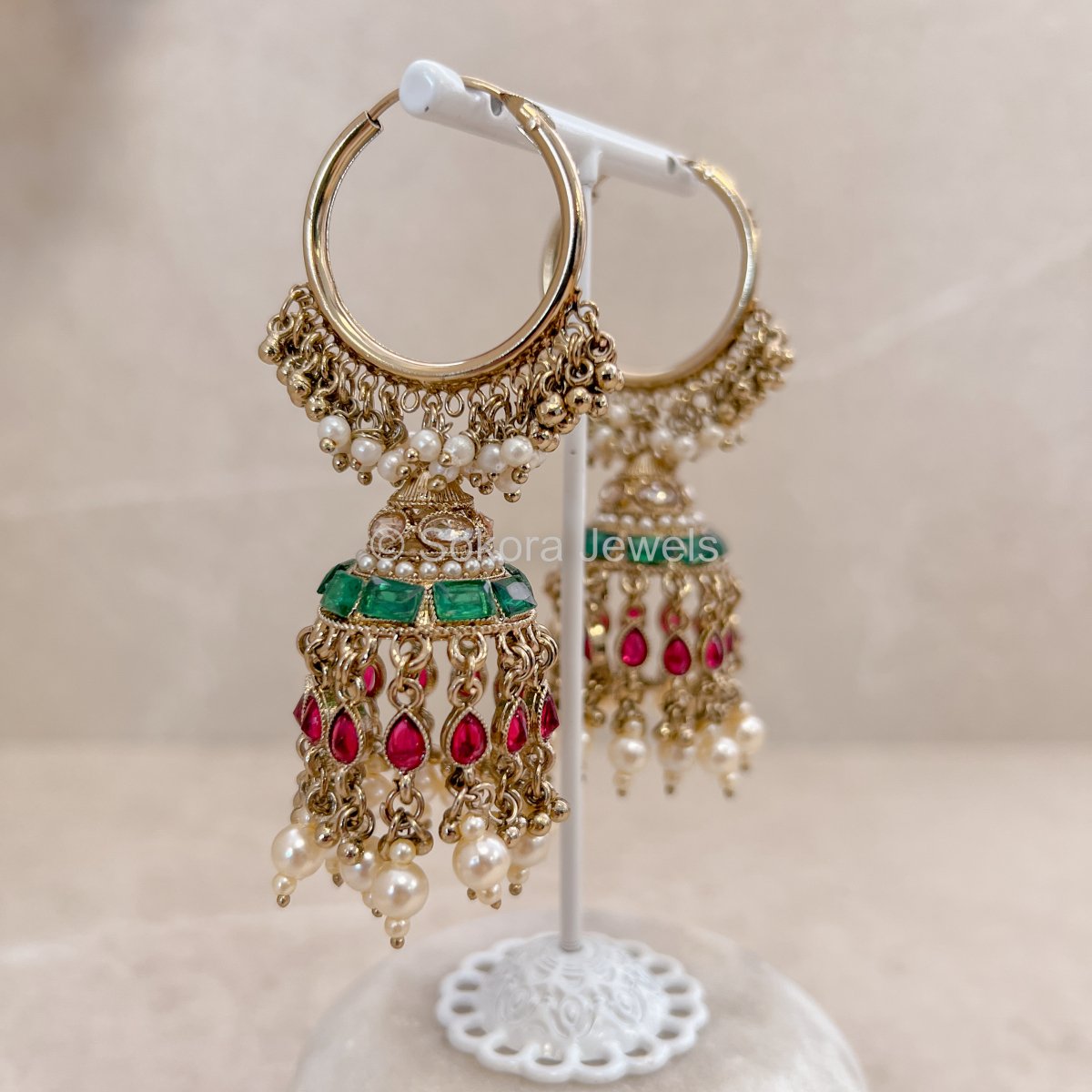 Ruby Green Jhumka Hoops - SOKORA JEWELSRuby Green Jhumka Hoops