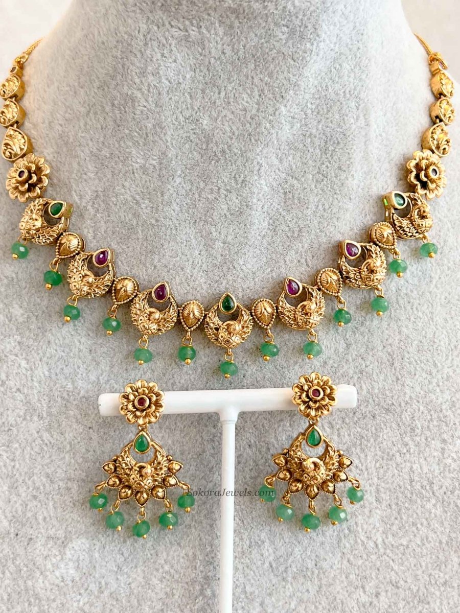 Ruby & Green Peacock Necklace Set - SOKORA JEWELSRuby & Green Peacock Necklace Set