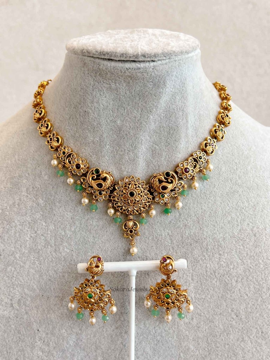 Ruby & Green Peacock Necklace Set - SOKORA JEWELSRuby & Green Peacock Necklace Set
