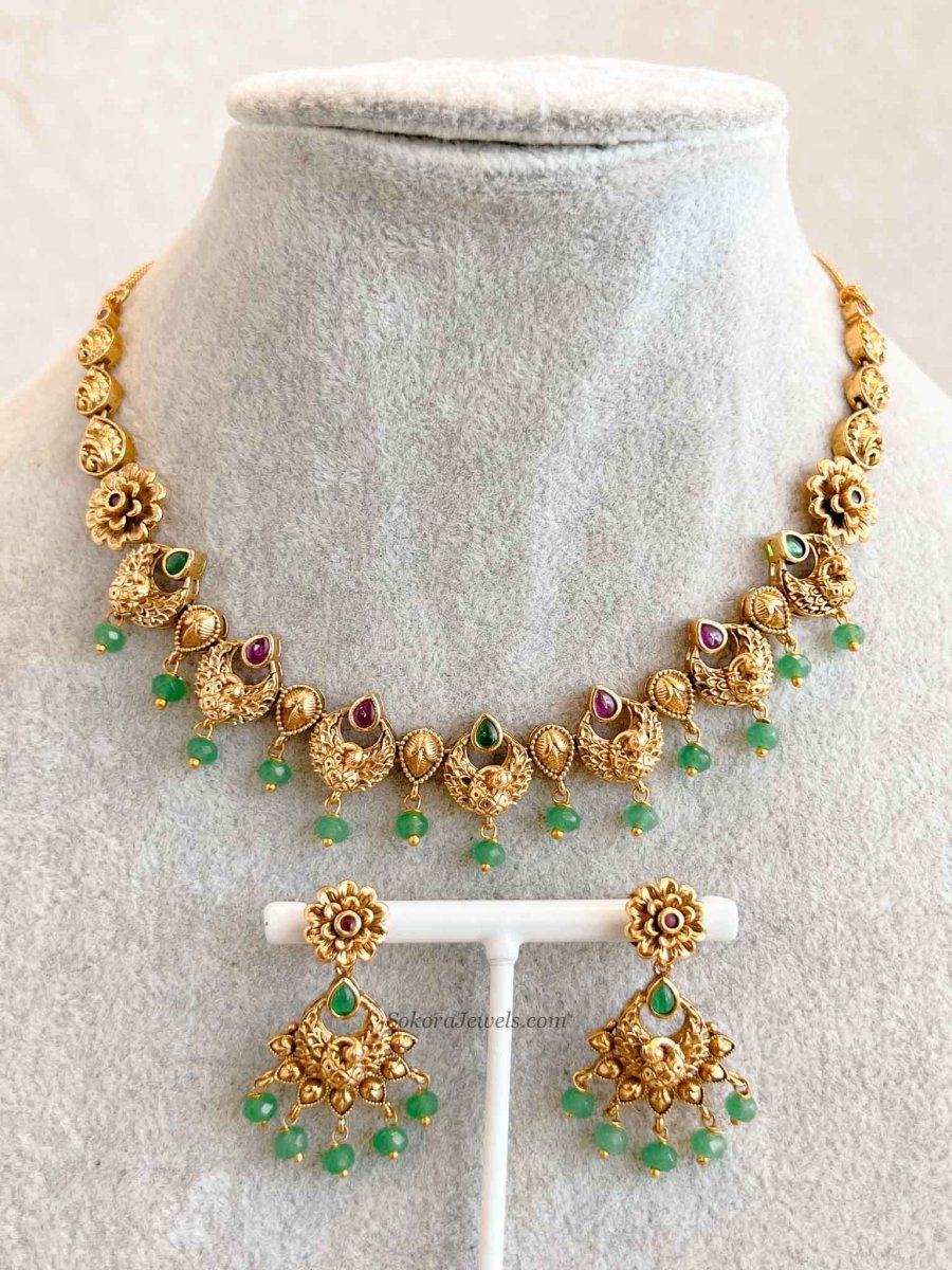Ruby & Green Peacock Necklace Set - SOKORA JEWELSRuby & Green Peacock Necklace Set
