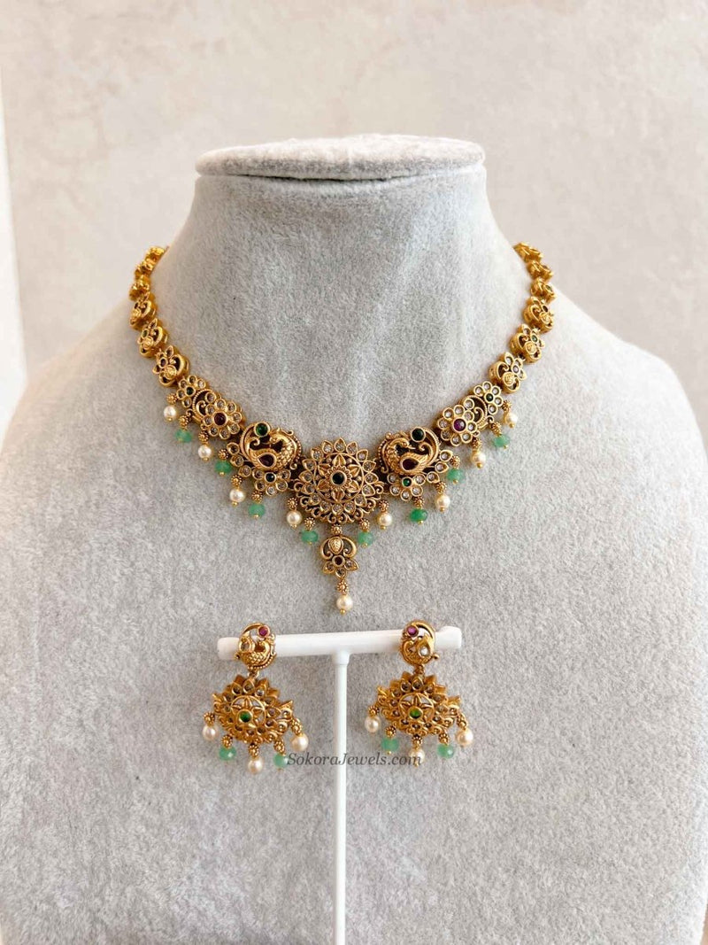 Ruby & Green Peacock Necklace Set - SOKORA JEWELSRuby & Green Peacock Necklace Set