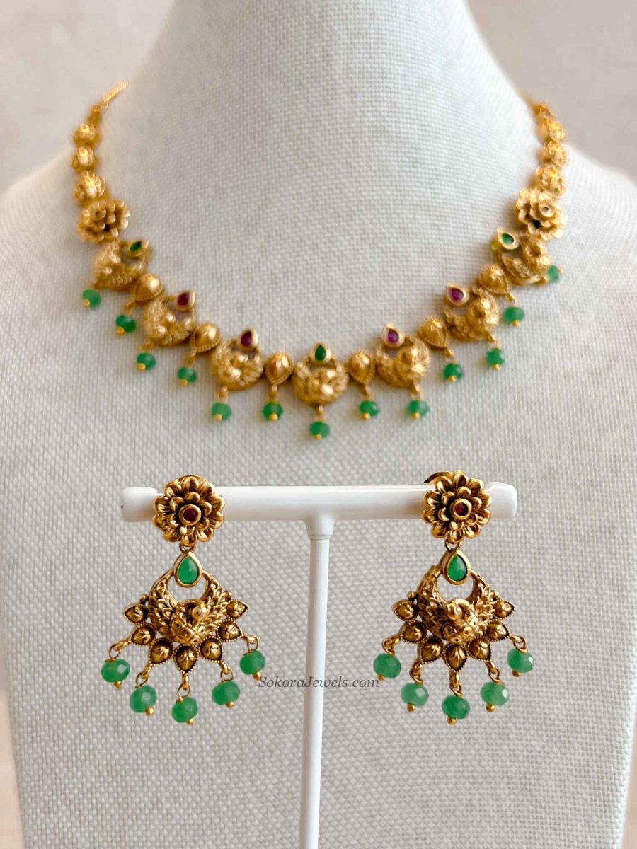 Ruby & Green Peacock Necklace Set - SOKORA JEWELSRuby & Green Peacock Necklace Set