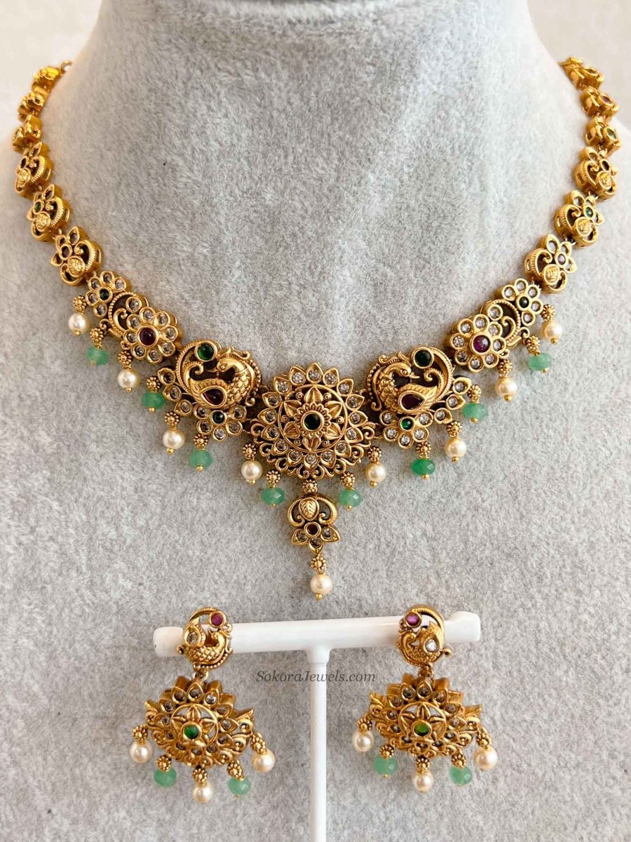 Ruby & Green Peacock Necklace Set - SOKORA JEWELSRuby & Green Peacock Necklace Set